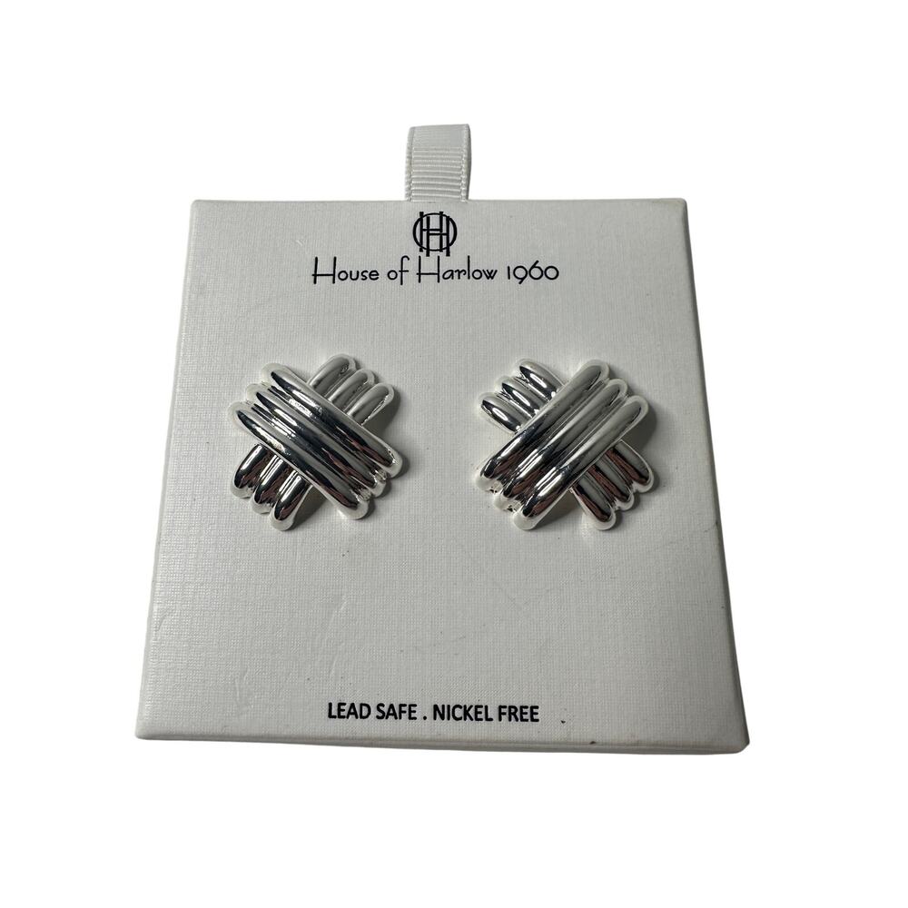 House of Harlow 1960 Silver Tone Knot Stud Earrings Chunky Sculptural NWT